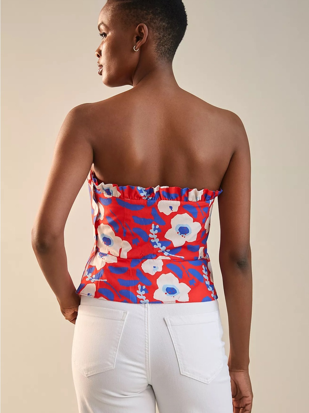 NWT Anthropologie Hutch Red Blue White Floral Strapless Ruffle Top - Picture 9 of 9